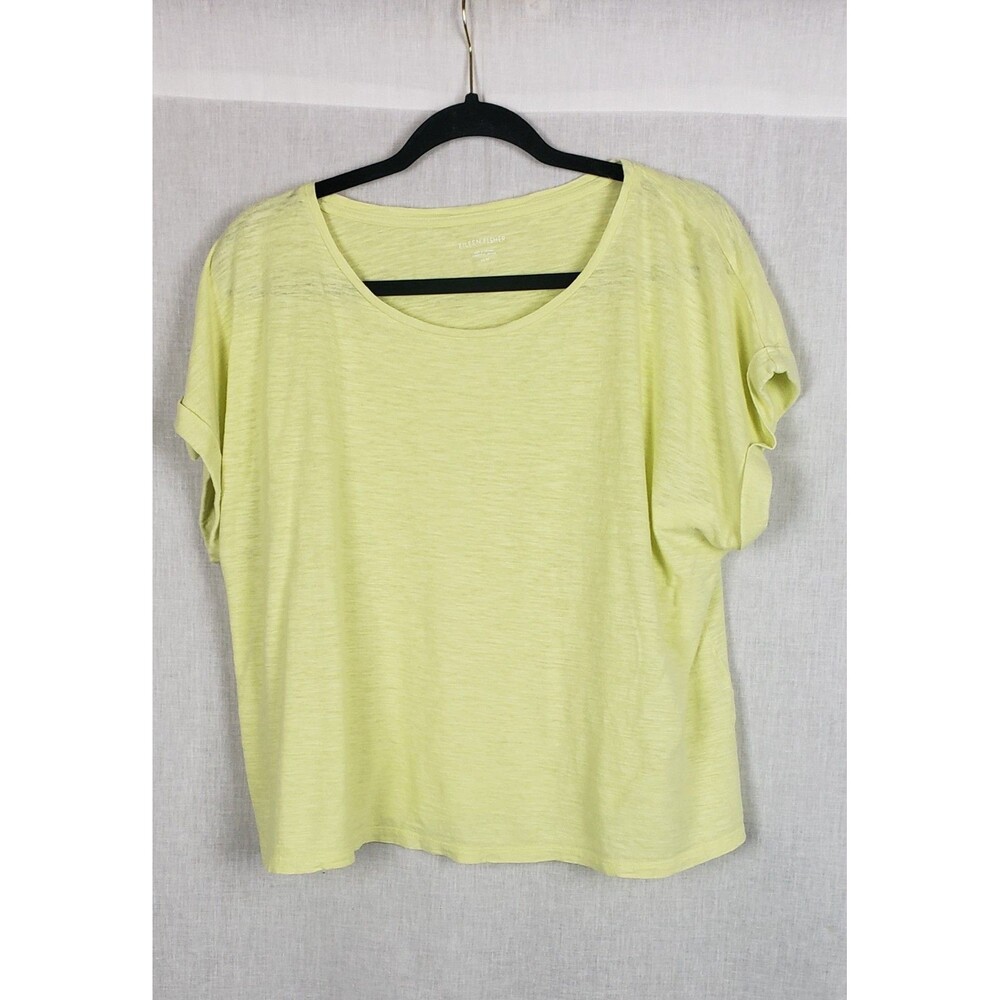 Eileen Fisher Tee Shirt Yellow Lime M Boxy Crop Slub Hemp Organic Cotton Casual